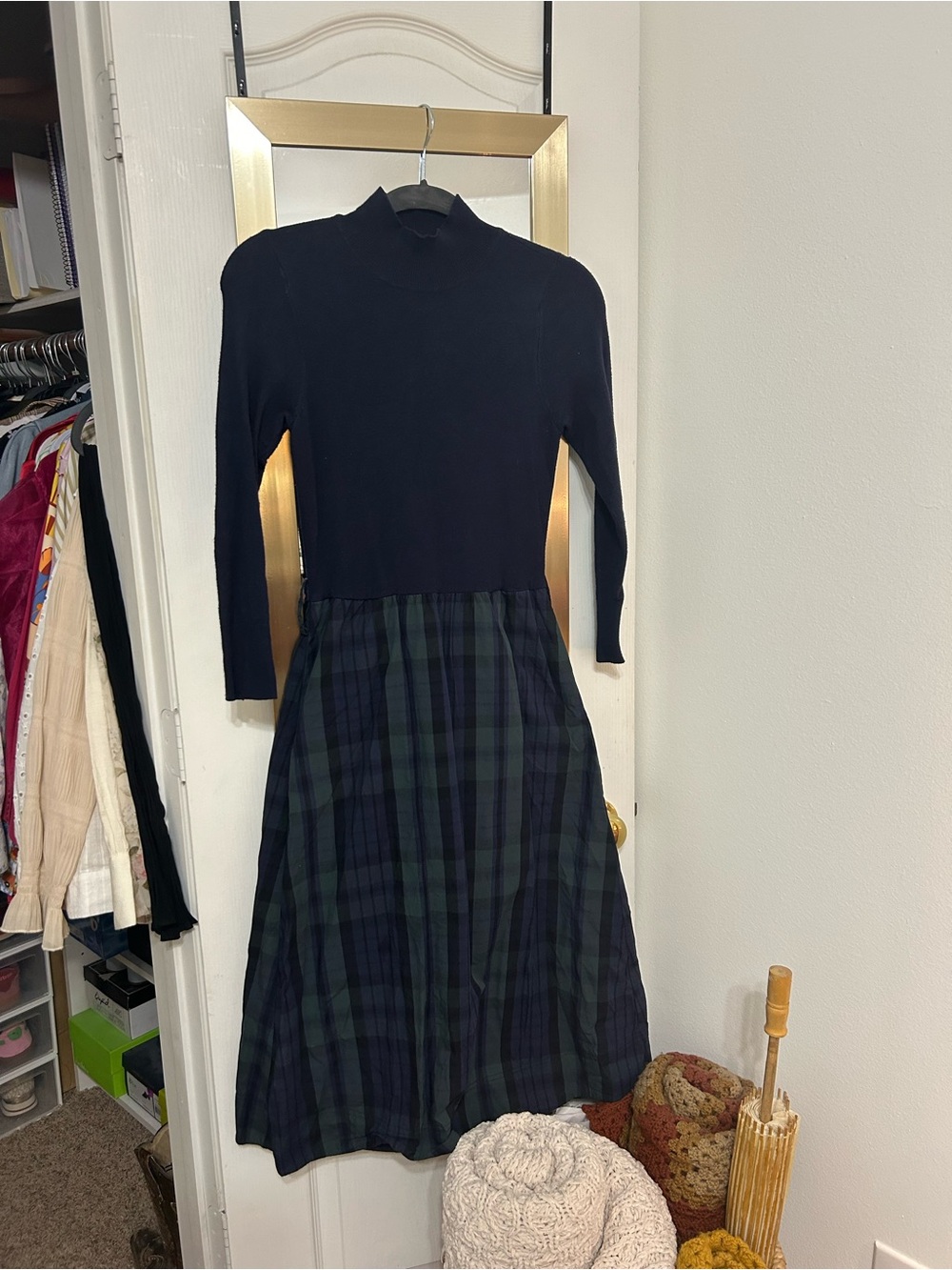 Free Assembly - Navy Knit Turtleneck To with Green & Navy Plaid Midi Skirt Dress